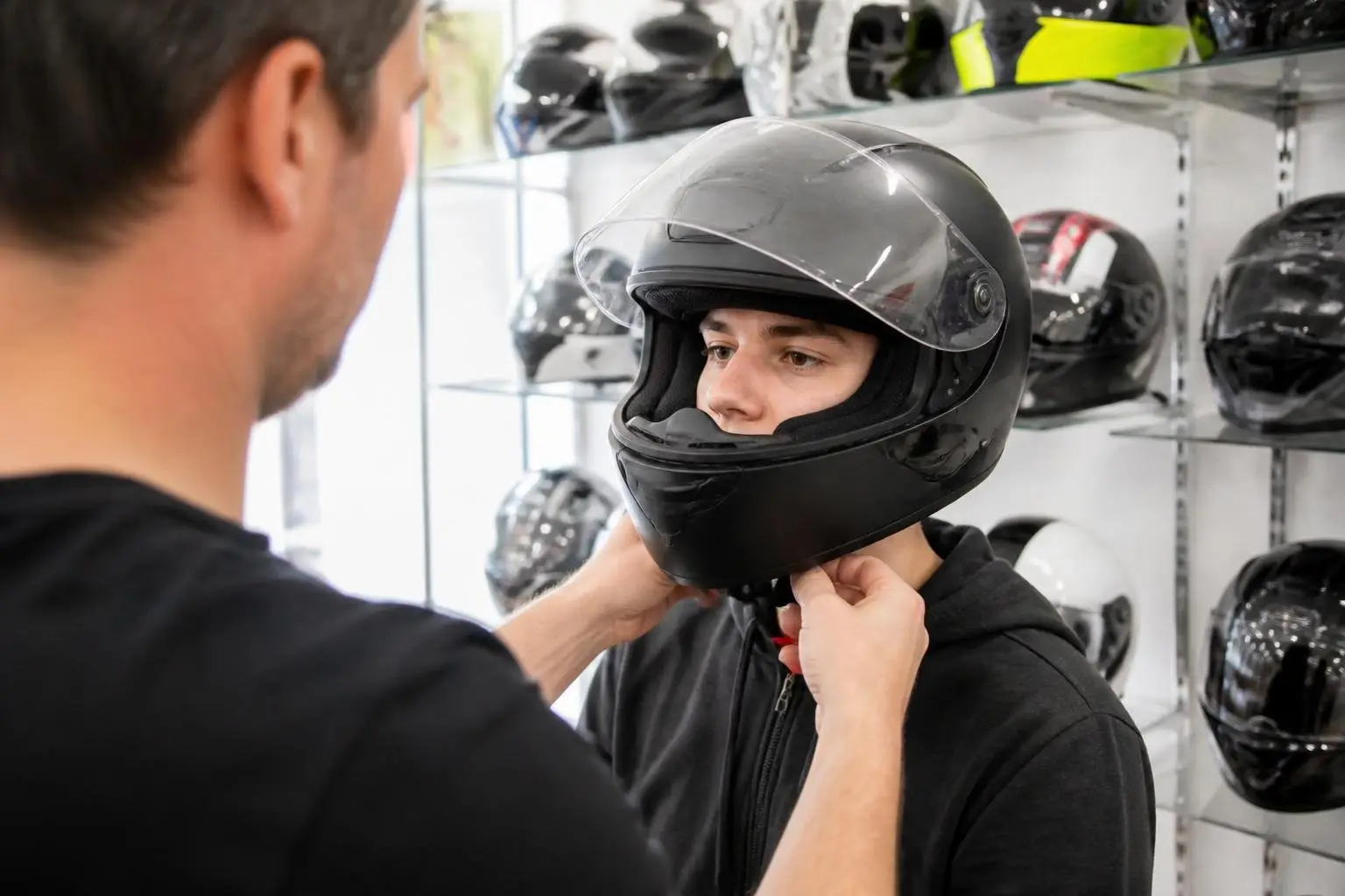 Motorradhelm bei abendlichem Licht im Raum.