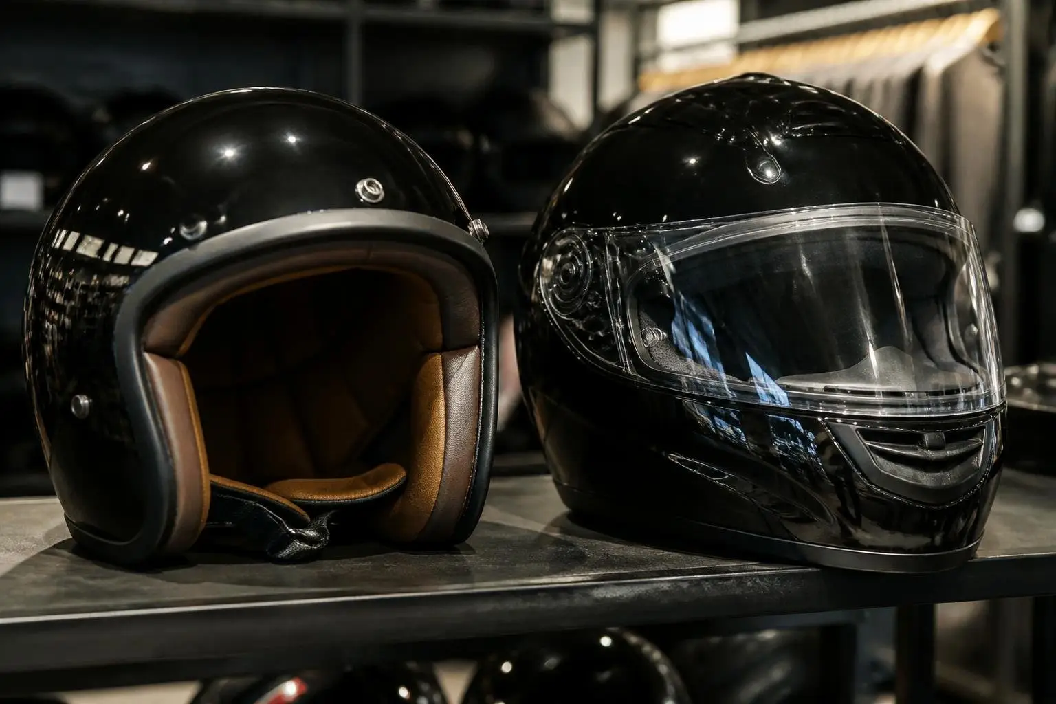 Offener und geschlossener Helm im Regal eines Motorradgeschäfts.