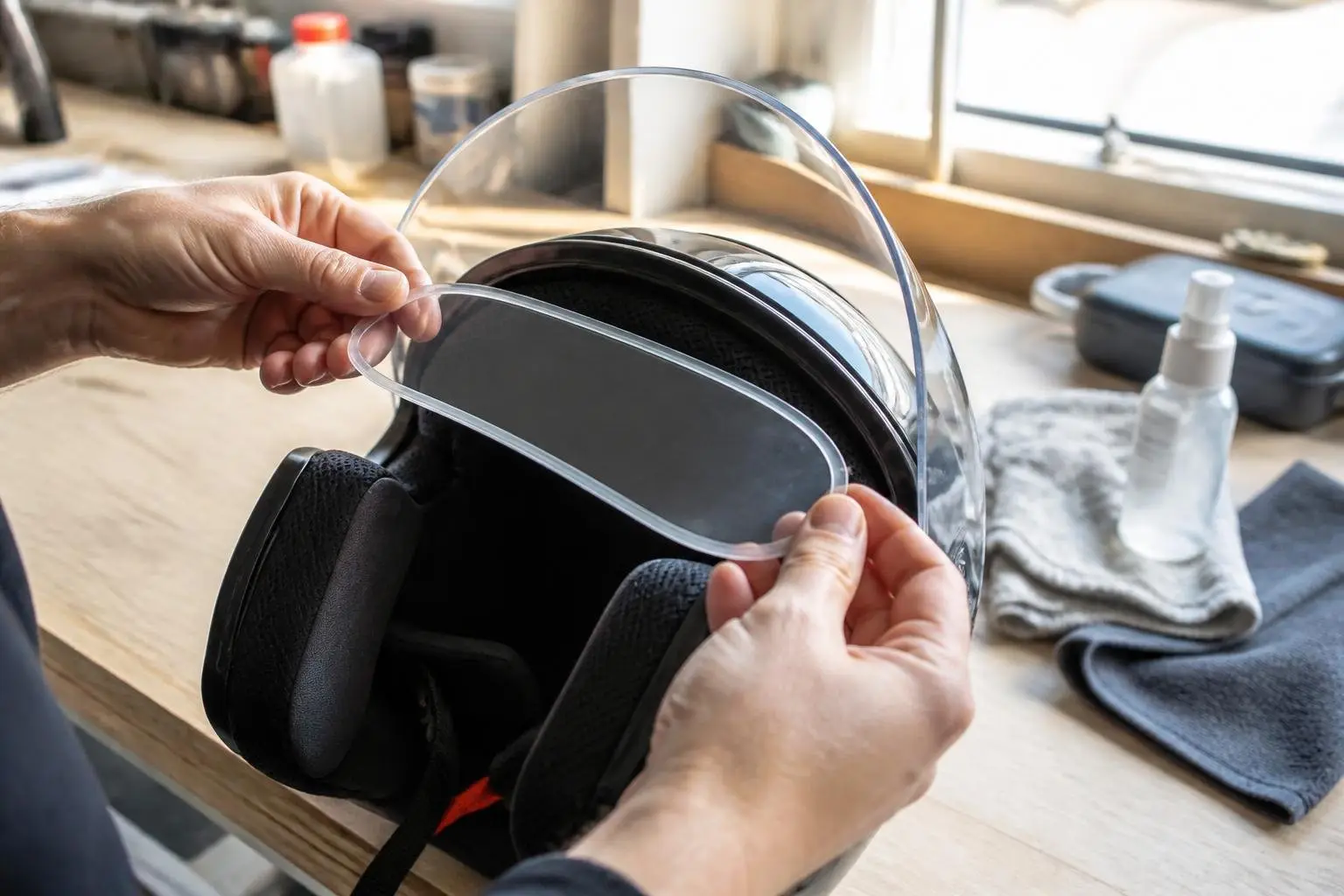 Gemütliche Wohnatmosphäre mit Motorradhelm.