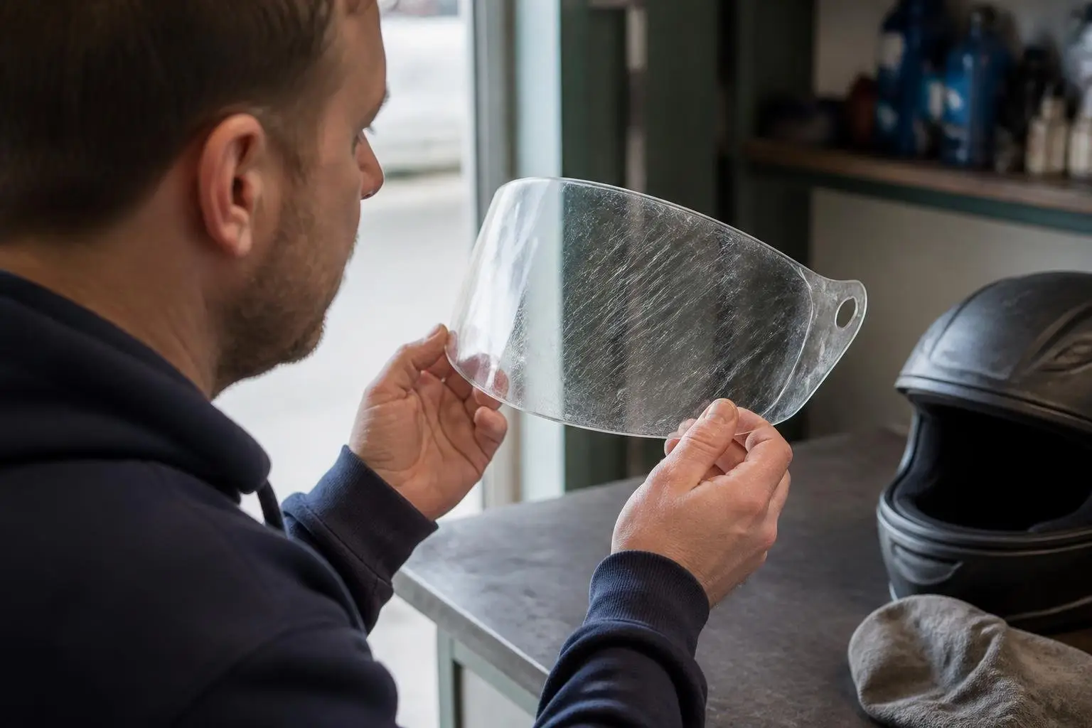 Motorradhelm in einer Raumecke aufgestellt.