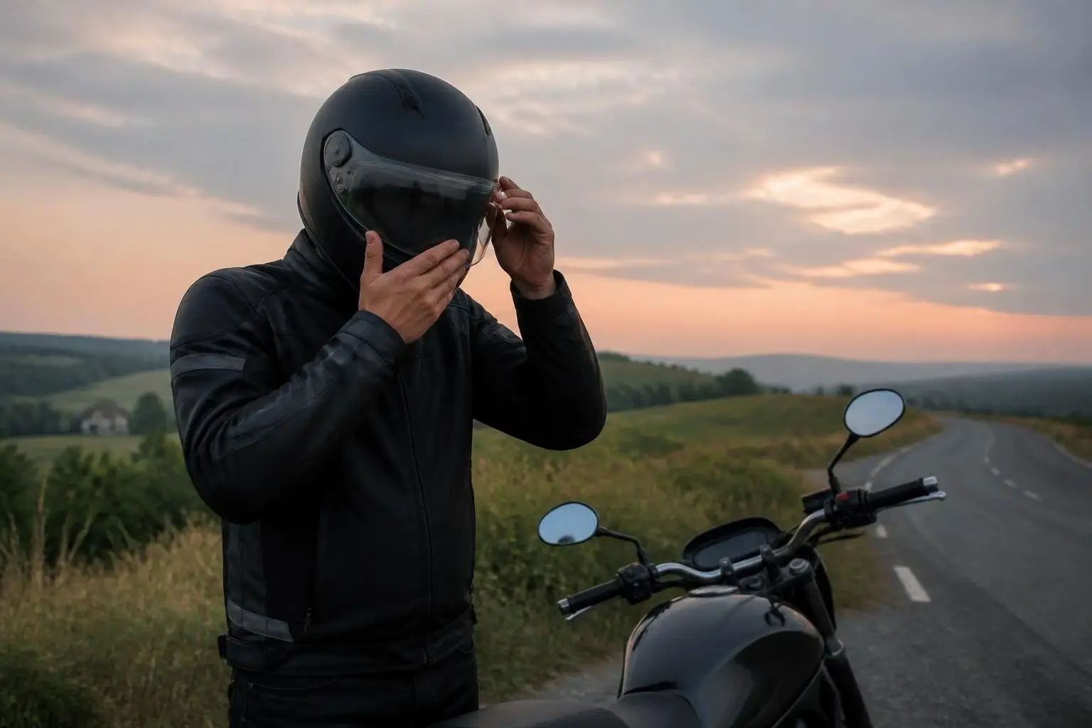 Motorradfahrer schließt am Straßenrand das Visier seines Helms.