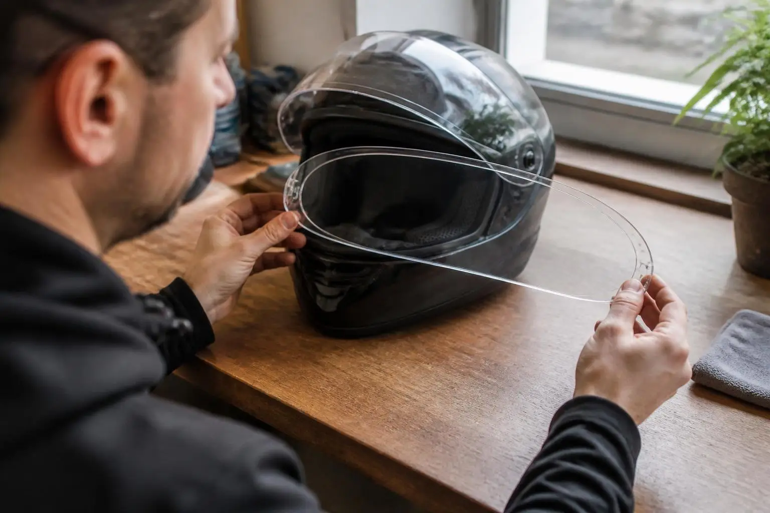 Motorradhelm im Wohnzimmer.