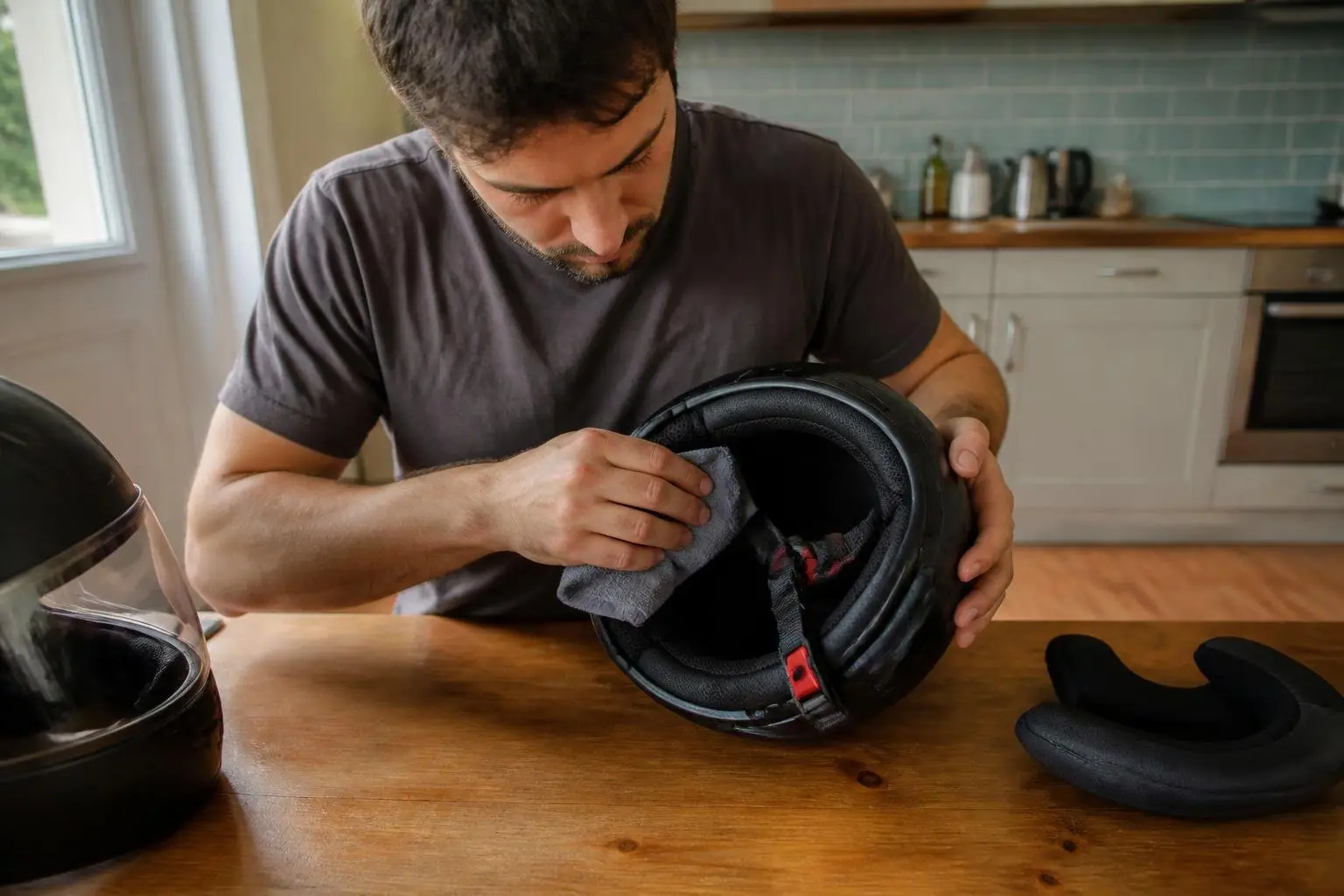 Innenpolster eines Motorradhelms wird mit einem Mikrofasertuch gereinigt.